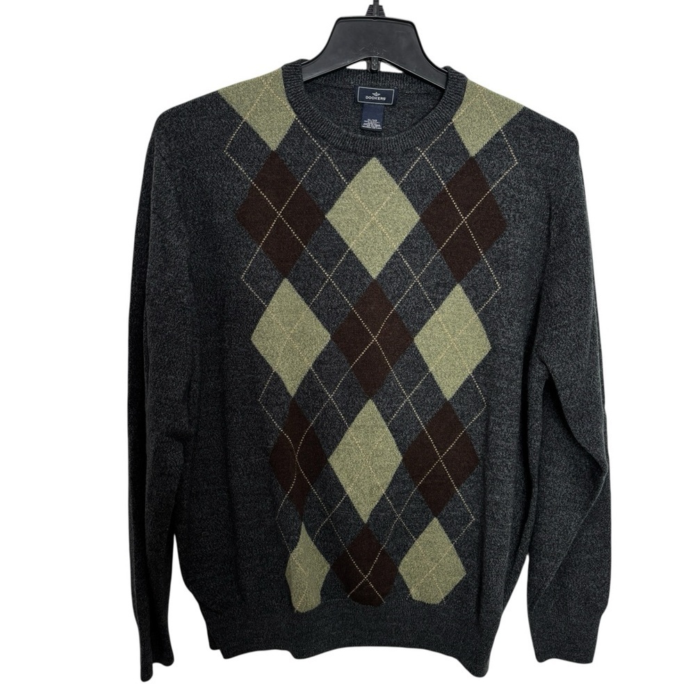 DOCKERS Mens Sweater XL X-Large Argyle Gray Brown Green Pullover Y2K Preppy Golf